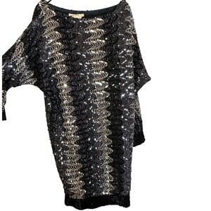 Club wear ANN GREEN Sequin Zig Zag Wave‎ Pattern Black Silver Gold Dress Small